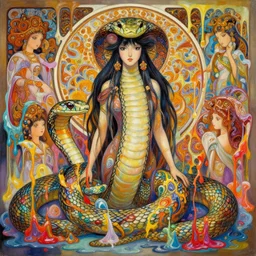 an hiper intricate oil portrait of a beautifull snake god surounded by melting colorfull wax drips, colorfull, excelent composition, wide shot, by yoshitaka amano, by ellen jewett, by greg rutkowski, by alphonse mucha by jeremyg lipkinng, by rhads, by ross tran, artstation, octane render