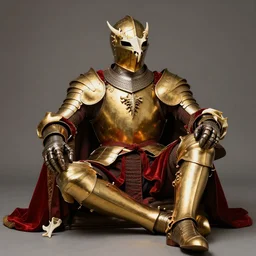 portrait the great knight in golden red armor made of polished dragon bones looks relaxed, victorian era