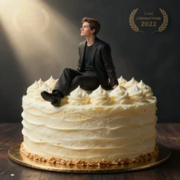 a man sitting on a giant cake