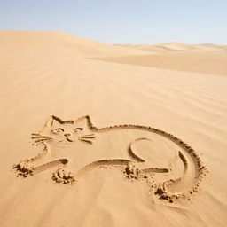 cat made of sand in a desert