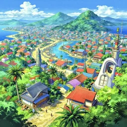 Fantasy tropical port town. hidari, color page, tankoban, 4K, tone mapping, Akihiko Yoshida.