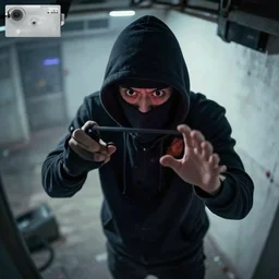 Thief seen from CCTV camera, shocking video footage, digital art