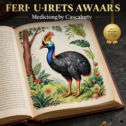 medieval book full page illustration of a cassowary in its natural habitat, museum collections, art collection, historical, award winning, handpainted, masterpiece