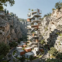 an awesome sunny day environment concept art, nature meets architecture by daniel libeskind, with village, residential area, mixed development, highrise made up of shipping containers, staircases, balconies, full of glass in ravine, gorge, abyss, cliffs, canyon.