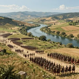 Wide shot of epic Italian landscape near river Aufidus, distant battle of Cannae 216 BCE, with republic-era Roman soldiers in formations, Carthaginian phalanxes in formations, sharp focus, illustration, Unreal Engine 5, professional lighting, by Stéphane Bourez, László Szabados