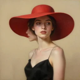 minimalist oil matte painting, woman with a black dress and red summer hat, detailed faces, wonderful masterpiece highly detailed, beautiful cinematic light deep focus, elegant, smooth, sharp focus, golden ratio, dramatic illumination, ultra realistic, 8 k, art by kristina alisauskaite and caravaggio