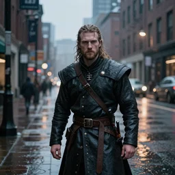 connor kenway on the street of modern boston, rainy evening, sharp focus, shot on iphone,
