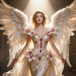a beautiful orchid phoenix angel woman, in an ornamented dress with large, volumetric light, god rays, 8 k high resolution, rubies