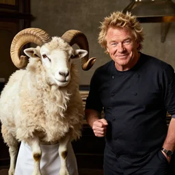 chef gordon!! ramsay!! as a ram sheep with horns and blonde hair