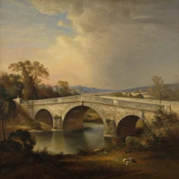 landscape with a stone bridge painted by rembrandt as imagined by salvador dali, intricate, detailed, atmospheric lighting.