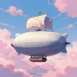 floating airship, zeppelin, dirigable, air ballon with gandolla, aerostat with sails, pink clouds, noon, inspired by famous digital fantasy artist, anime cartoon style, award winning, trending artstation