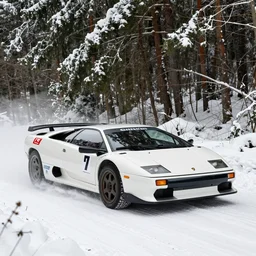 a 1 9 9 7 lamborghini diablo sv, racing through a rally stage in a snowy forest