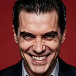 a portrait photograph of a smug executive, slick back hair, evil grin, dof, sharp focus, highly detailed face, symmetric face, realistic iris, red and black palette, cinestill 8 0 0 t, photography by paolo roversi