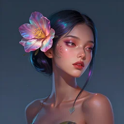 a woman with a flower in her hair, cyberpunk art by ross tran, behance contest winner, fantasy art, behance hd, iridescent, rich color palette