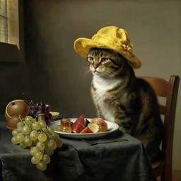 in the style of Still life, Dutch Golden Age painting, Baroque, detailed realism, food, grapes, rustic. A cat sits at a table for dinner wearing a yellow hat.