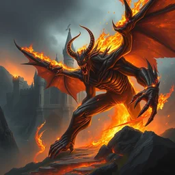 venom fused with ragnaros with fire rimlight in front of a castle, natural digital painting by greg rutkowski
