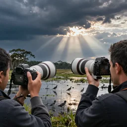 photo of a photographer with a dslr and a white telephoto lens watching birds on a swamp, closeup, flat landscape, trees in the background, epic sky, dramatic clouds