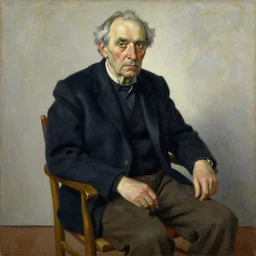 painting of an old man sitting on a chair, staring at you, by georg baselitz