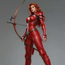 Female archer, dnd, d&d, leggins, red skintight leather armor, red hair, Low-Angle, visible face!, beautiful face!, alluring, D-cup, toned derriere, high fantasy, realistic, extremely detailed, retrofuturistic, matte painting, by wlop and Frank Franzzeta, artstation, cgsociety