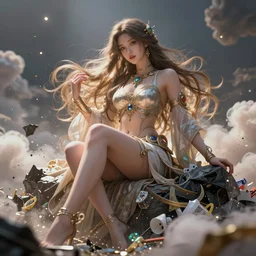 a beautiful female goddess of the garbage character, character is in all its glory, character is in her natural relaxed pose, rim lights, particles and dust in the air, fancy clouds, highly detailed professional photo, dynamic lights, particles are flying, depth of field, trending on artstation, professional illustration, hyper realistic, vray caustics, super detailed, colorful accents, cinematic shot