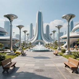 photo of a futuristic landscape with futuristic buildings!, (((alien lamp posts))) , sidewalks with scattered benches on the sides, fountain in the middle, highly detailed, high quality, HD, 4k, 8k, Canon 300mm, professional photographer, 40mp, lifelike, top-rated, award winning, realistic, sharp, no blur, edited, corrected, trending