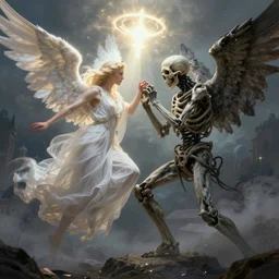 an angel of light fighting the angel of death. fantasy artwork, extremely detailed, octane render, art by greg rutkowski