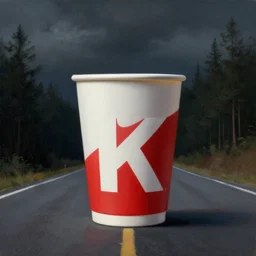 concept art, of [ white red paper cup ] on empty road, very close shot!!! forest behind!!, detailed, dark concept art, dark skies painting by wlop, nixeu and greg rutkowski, beautiful, semirealism, artstation, octane render, oil painting, sharpness, 8 k, golden ratio