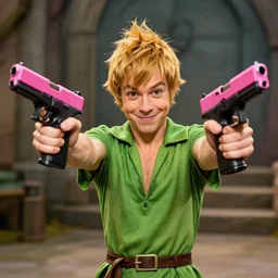 Peter Pan wielding two pink Glock 17 in either hand towards the camera while smiling
