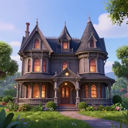 Gothic Victorian house in the country, Pixar, sparkly, ultra-realistic, Octane render