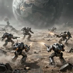 war mechs fighting, mech battlefield, wartorn, desolate gloomy planet, science fiction