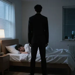 hyper realistic photo of a room with a tall black silhouette of a person standing in front of a person sleeping in bed at a person sleeping in bed at night