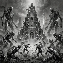b & w inks 1 1 horrifying machines as autolysis idols, medic machines in tiers, flayed insect landscape in chrome, insane speed of dethroning melee, battle pit, by wayne d barlowe, boris vallejo, stefano tamburini, torch light, muted colors, epic, hyper detailed, awe inspiring, award winning horror, hyper realism, cinematic