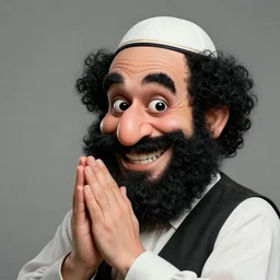 a portrait of a happy merchant jew wearing kippah!!!, rubbing hands!!!, evil, tricky, black curly beard, black curly hair, black eyes, hooked nose, by greg rutkowski, artstation, by artgerm, by wlop