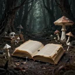 a creepy forest of books. melting and moldering books. dark toxic forest of origami mushrooms. decay and death. style of lovecraft. horror concept art. 4 k. high detail.