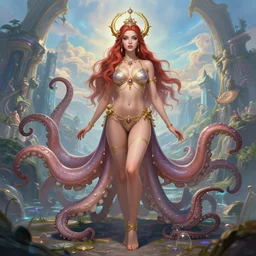 portrait of sorceress wearing an octopus bikini, full body shot, rule of thirds, amazing landscape in background, fantasy, whimsical, league of legends splash art, hearthstone splash art, art by artgerm and greg rutkowski and chengwei pan and huang guangjian and viktoria gavrilenko, 8 k, intricately detailed, highly detailed, luxurious, elegant, trending on artstation