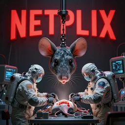 graphic art of dystopian futuristic 1 0 mechanic surgeons in space suits, operate on a huge mouse head held by a crane. ominous glowing red netflix sign in the background, trending on art station, beeple