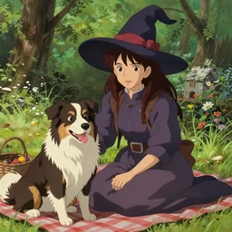 Portrait of a young adult witch with a cottage-core aesthetic having a picnic with her australian shepherd dog, beautiful Ilya Kuvshinov face, highly detailed, cel shading, digital painting, anime key visual, artwork by Hayao Miyazaki and Alphonse Mucha