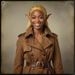 daguerreotype of beautiful elf, brown trench coat, detailed face, brown skin, golden ponytail, happy, belts around, steampunk, dnd, smooth, sharp focus, extremely detailed, by rebecca guay, rossdraws, wlop, colorful