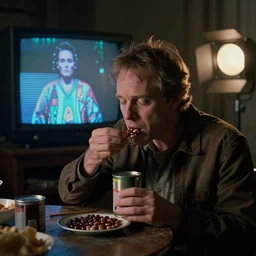a scene from a 2 0 2 0 s halloween kills, patrick stewart is eating from a can of beans, vhs distortion, cathode ray tube distortion, folk horror, hauntology, 8 k, 8 5 mm f 1. 8, studio lighting, rim light, right side key light