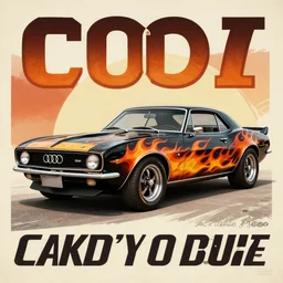 black flames livery audi camaro b 1 ( 1 9 6 7 ), retro poster, establishing shot
