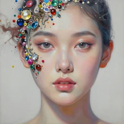 close - up portrait of very beautiful jewel by irakli nadar with intricate detailed color smashing fluid oil paint and acrylic, headdress made of bones, melting wax, mycelia, abstract impressionism, ruan jia, fantasy, hyper detailed, concept art, by peter mohrbacher and gustav klimt,