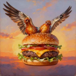 a cheeseburger with wings, flapping its wings flying in sunset sky, oil on canvas, portrait, intricate, 8k highly professionally detailed, HDR, CGsociety