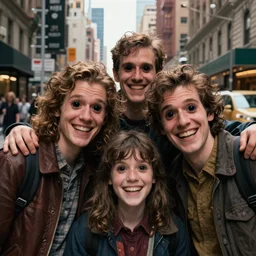 photo of new york street with all people have hollow eyes and crazy grin on face