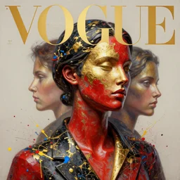 3 d, red and gold and black marble head of fashion model, vogue cover style, black and gold paint splatters, blue and yellow and red paint splashes, 3 d poster art, high detail, 3 d intricate oil painting, multiple exposure, stanley kubrick mood, hyperrealism, 3 d, by tooth wu and wlop and beeple and greg rutkowski