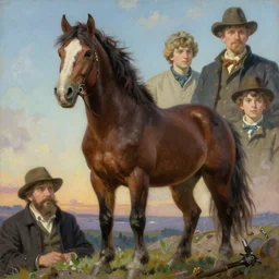 painting by sargent and leyendecker and greg hildebrandt, james gurney, apollinaris vasnetsov, savrasov levitan polenov, studio ghibli style, porcelain organic, detailed fur, horse grizzly bear hybrid standing on a hill character portrait, octane rendering