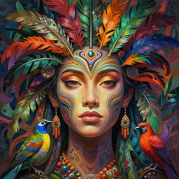 A reality bending psychedelic ayahuasca experience, colorful, distorted, surreal, tropical bird feathers, dramatic lighting on the face, intricate, elegant, highly detailed, digital painting, concept art, smooth, sharp focus, illustration, art by Krenz Cushart and Wayne Barlowe and alphonse mucha