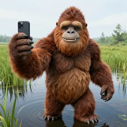 bigfoot happily taking a selfie at the swamp, hairy sasquatch