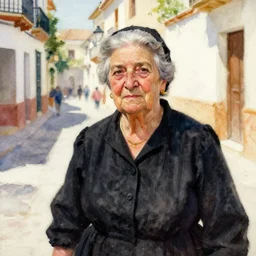abstract watercolor close - up portrait painting of a spanish old lady, black traditional dress, summer, magical and traditional, cinematic light, andalusian street, sharp shadows, daylight, national romanticism by anders zorn, by greg rutkowski, by greg manchess
