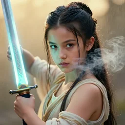 bodybuilder mila kunis closeup portrait of a beautiful biblical diabolical little samurai girl looking into the camera holding a neon glowing sword, puffs of smoke, golden hour, gerald brom, mikhail vrubel, peter elson, muted pastel colors, extreme detail, light rain, trending on artstation, 8 k