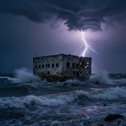 danila tkachenko, low key lighting, an abandoned soviet building block in the middle of the ocean, storm, lighning storm, crashing waves, dramatic lighting